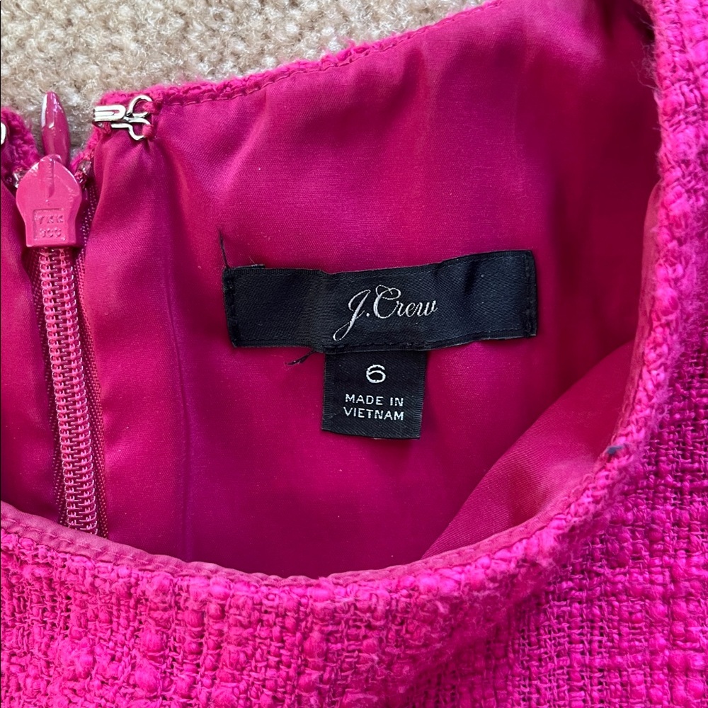 Like new J. Crew Pink Fluted Hem A-Line Fringe Detail, Cotton Tweed Dress! Sz. 6 - Picture 3 of 5